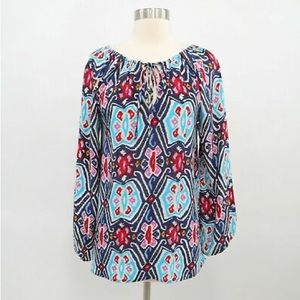 Tolani Tribal Print Silk Blouse Women’s Size S Boho Peasant V Neck Pullover